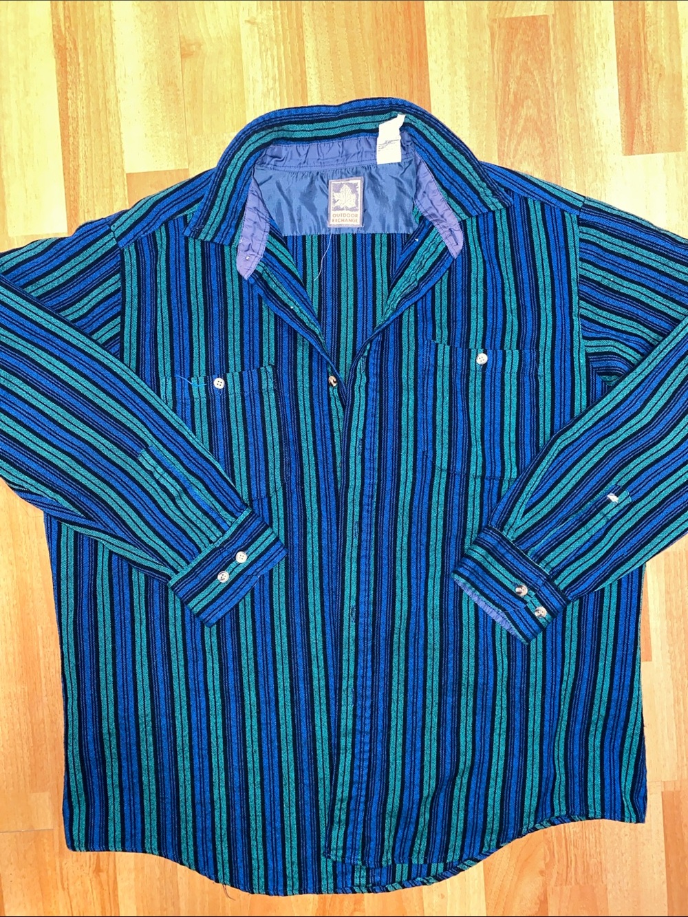 Vintage Outdoor Exchange Blue and Green Striped Button Up